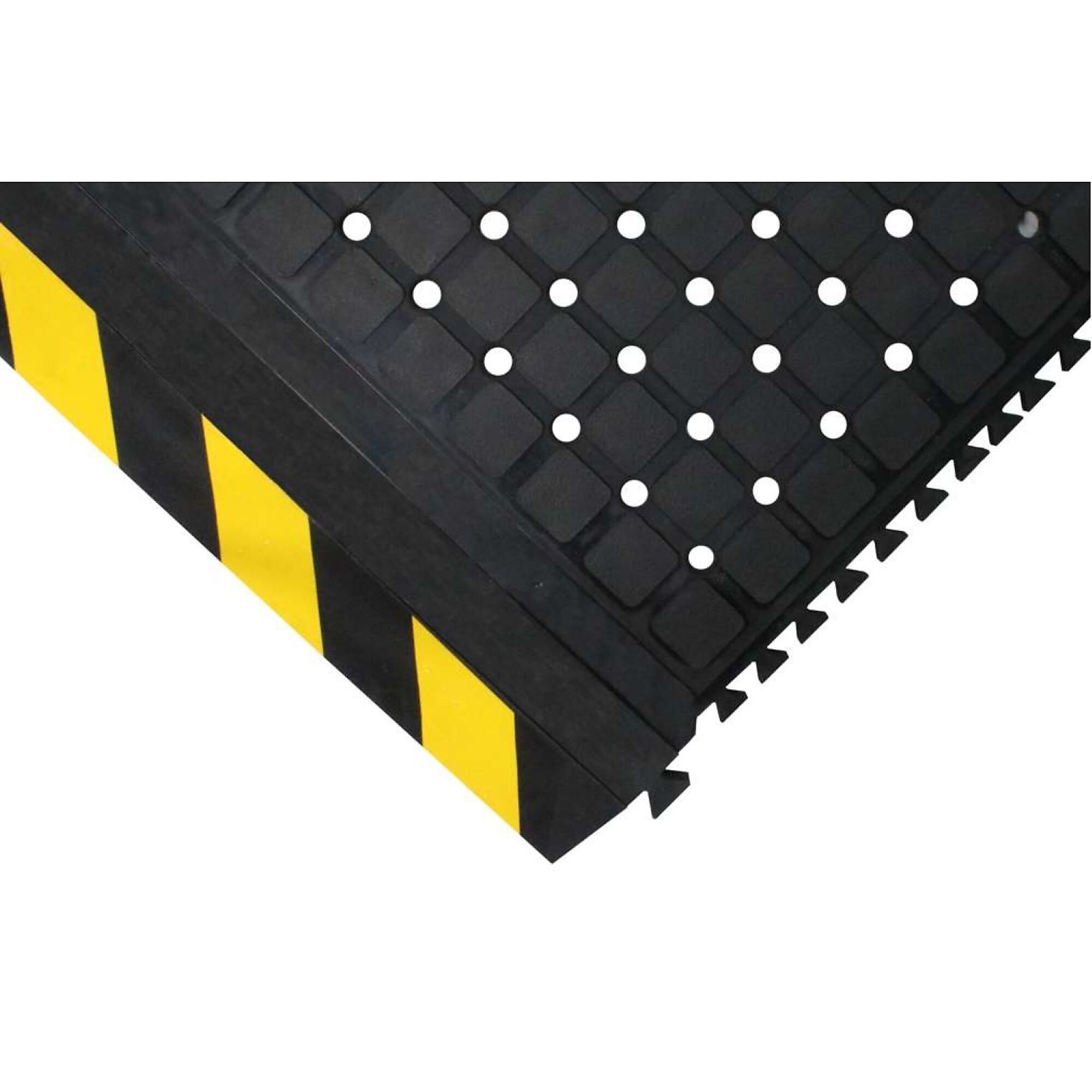 M+A Matting, Hog Heaven Drainable Linkable Mats, yellow striped border&nbsp; 39.75" x 43.75", End, 3/4" Thickness Model #441422100